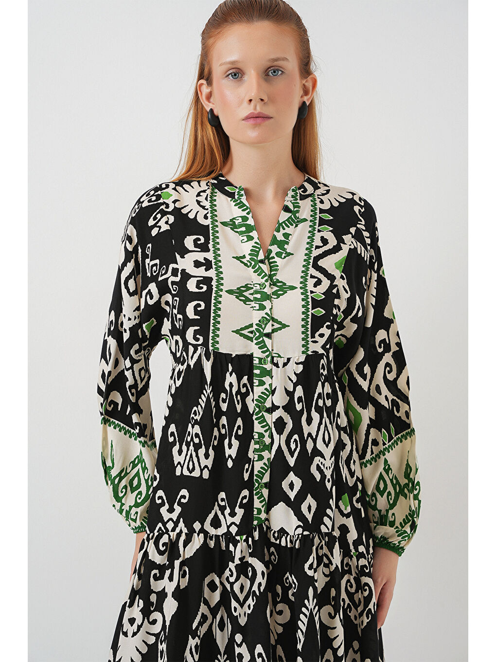 Kadın Desenli Uzun Tesettür Elbise 2585 - Siyah - Yeşil-1