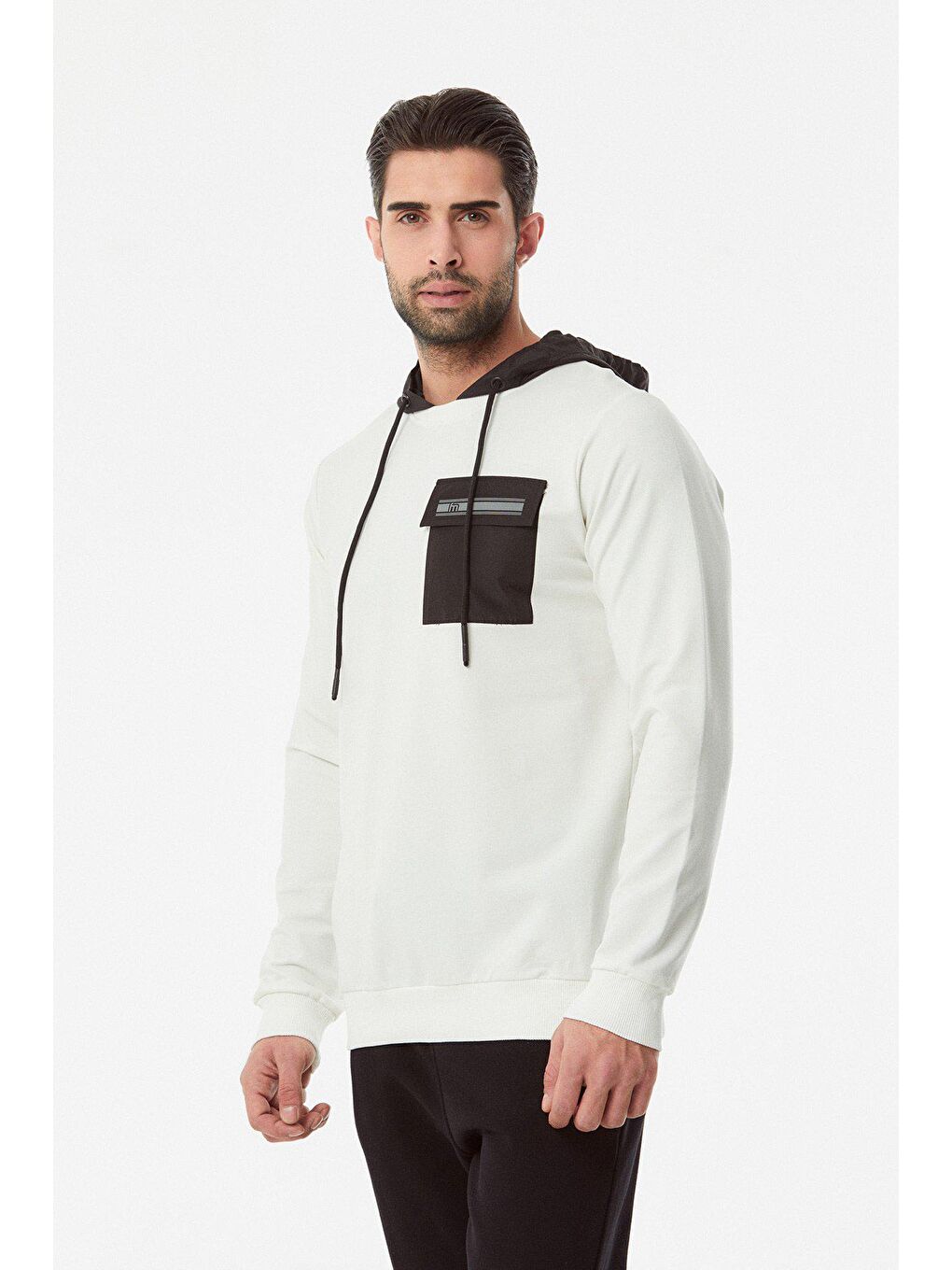 Ekru Baskılı Cepli Erkek Hoodie-4