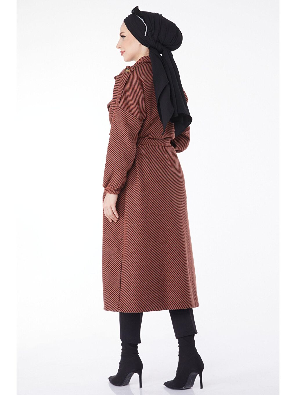 Kahverengi Kruvaze Yaka Kadın Kiremit Kuşaklı Kaşe Kaban - 13132-4