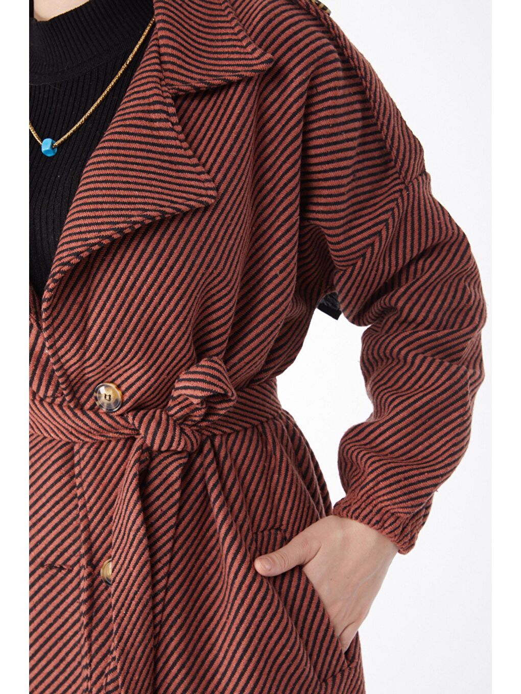 Kahverengi Kruvaze Yaka Kadın Kiremit Kuşaklı Kaşe Kaban - 13132-5