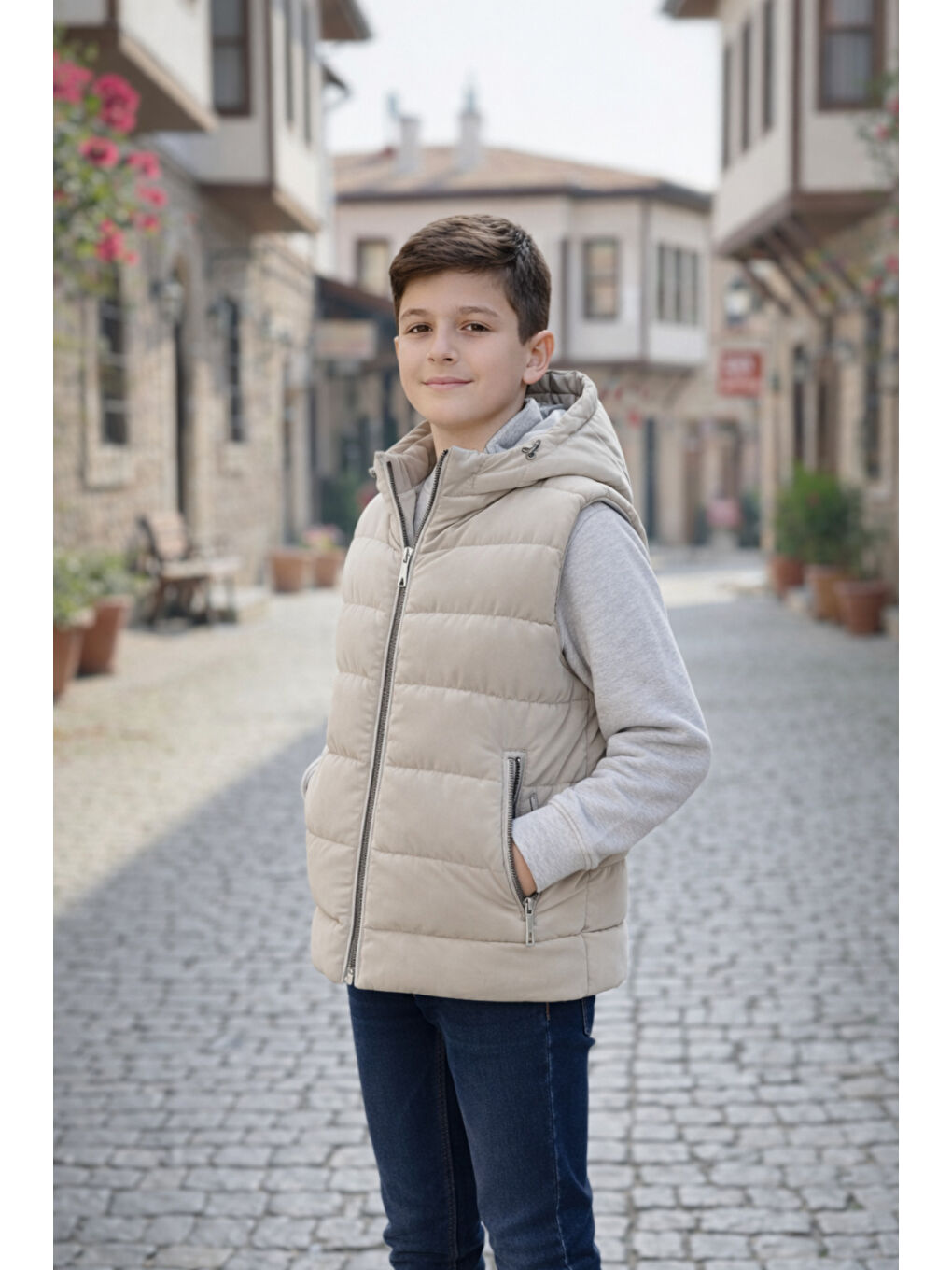 Bej Erkek Çocuk Kapüşonlu Şişme Yelek-1