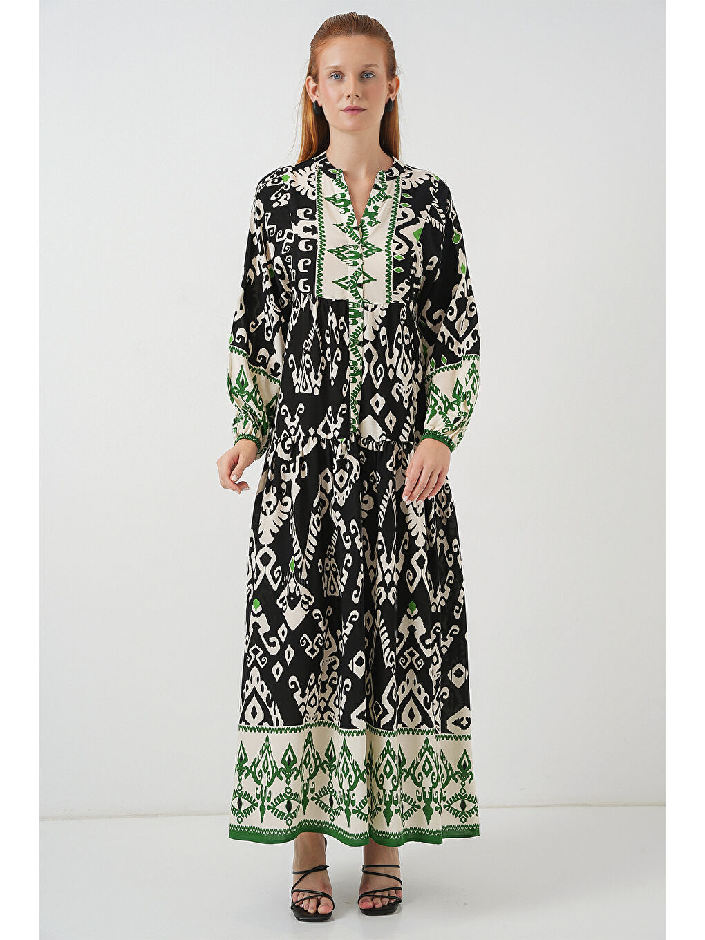 Kadın Desenli Uzun Tesettür Elbise 2585 - Siyah - Yeşil-2