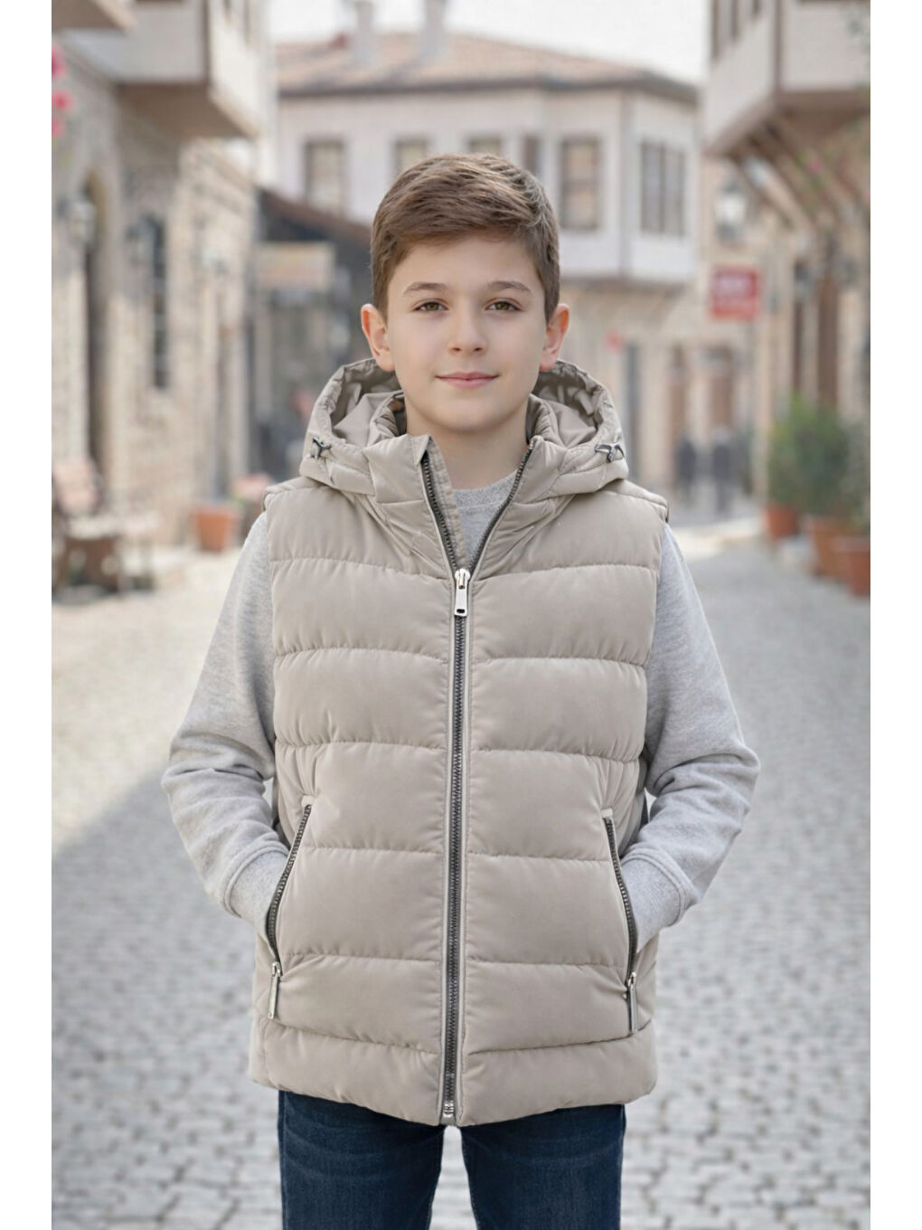 Bej Erkek Çocuk Kapüşonlu Şişme Yelek-2