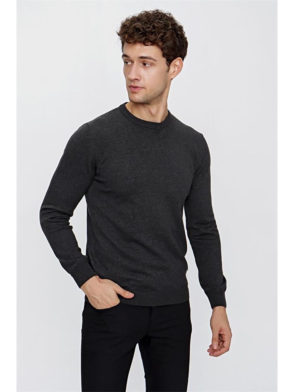 Gri Füme Uzun Kollu Örme Bisiklet Yaka Cepsiz Pamuklu Klasik Comfort Fit Triko 1012225006