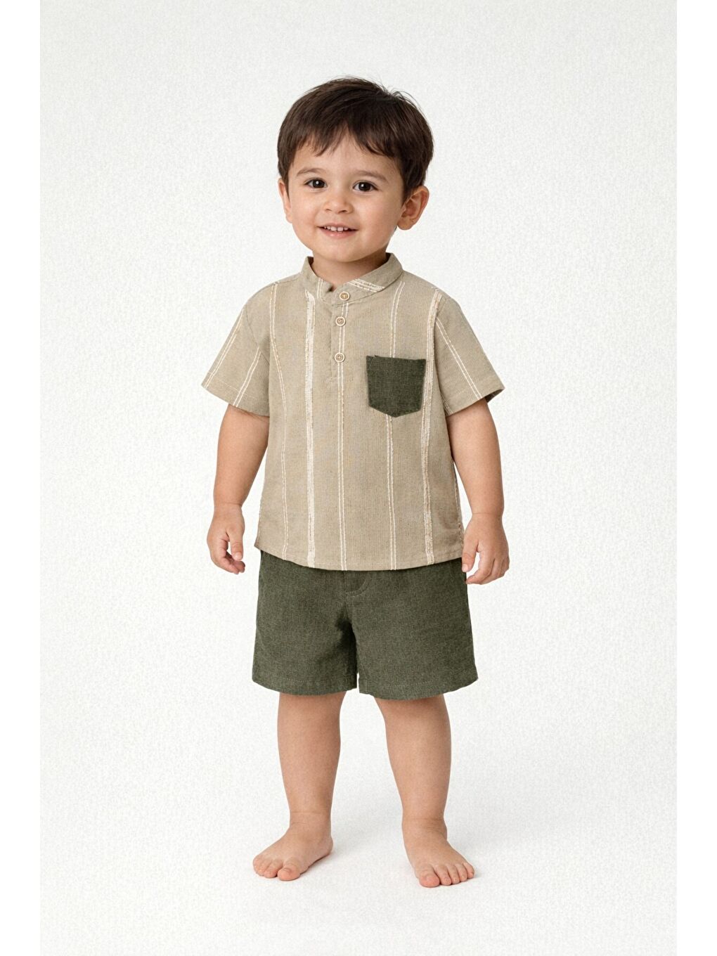 Haki Tarz Gömlek Çizgi Desenli Belden Ayarlanabilir Kısa Kollu Şortlu 2'li Takım Çocuk ve Bebek Giyi