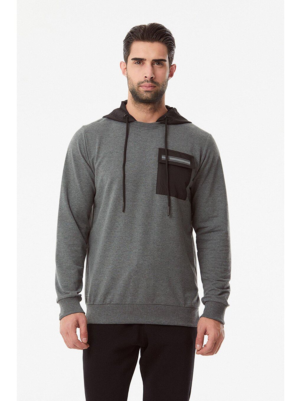 Antrasit Baskılı Cepli Erkek Hoodie