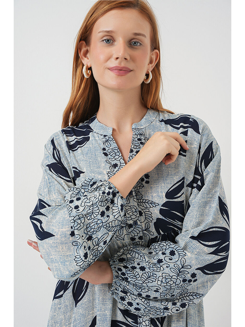 Kadın Desenli Uzun Tesettür Elbise 2585 - Mavi - Lacivert-1