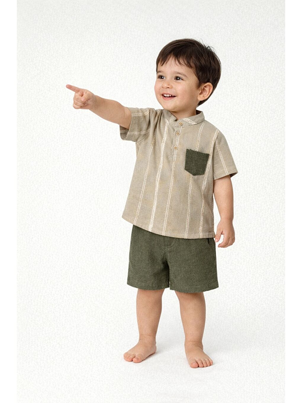 Haki Tarz Gömlek Çizgi Desenli Belden Ayarlanabilir Kısa Kollu Şortlu 2'li Takım Çocuk ve Bebek Giyi-1