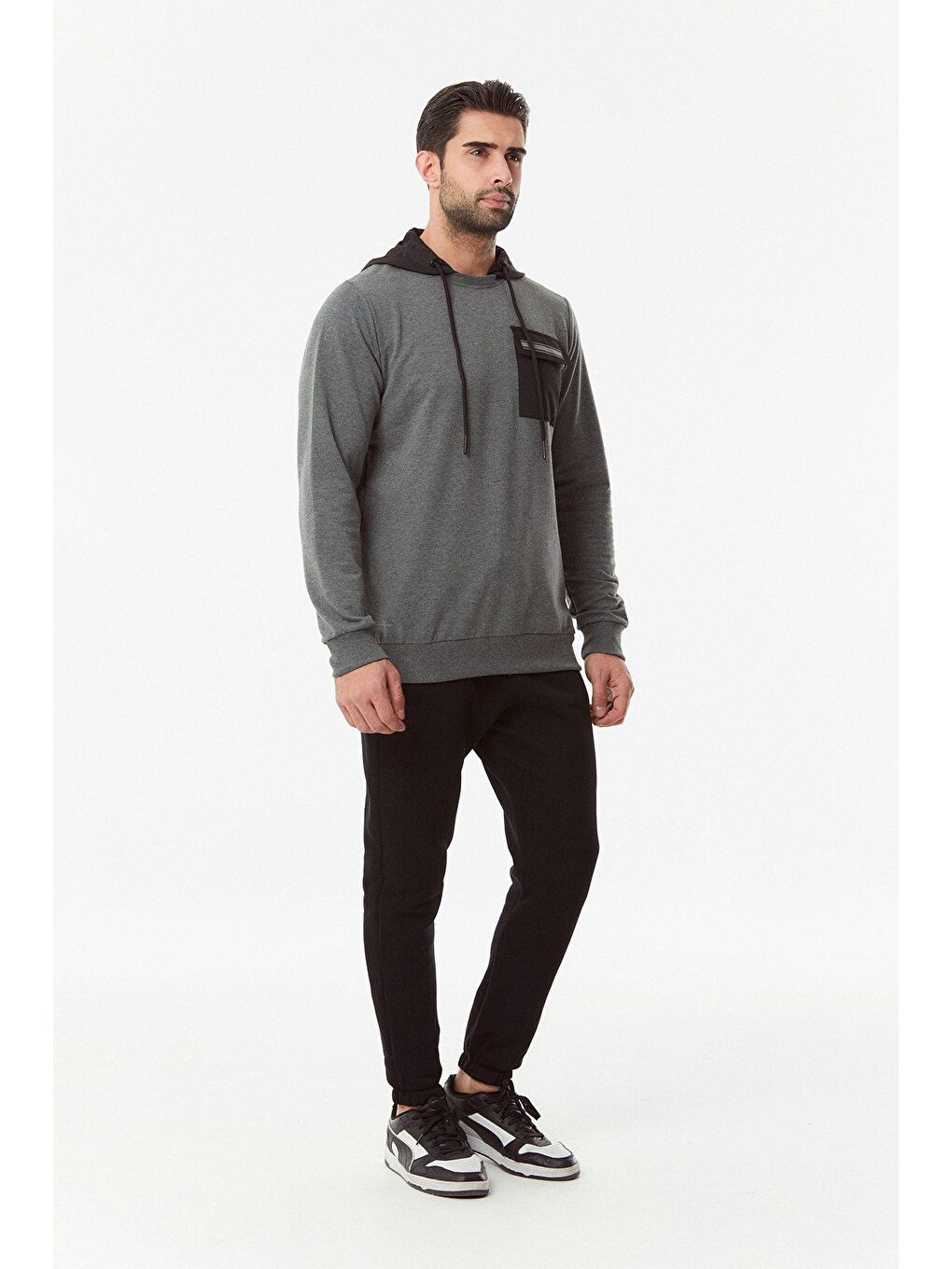 Antrasit Baskılı Cepli Erkek Hoodie-1