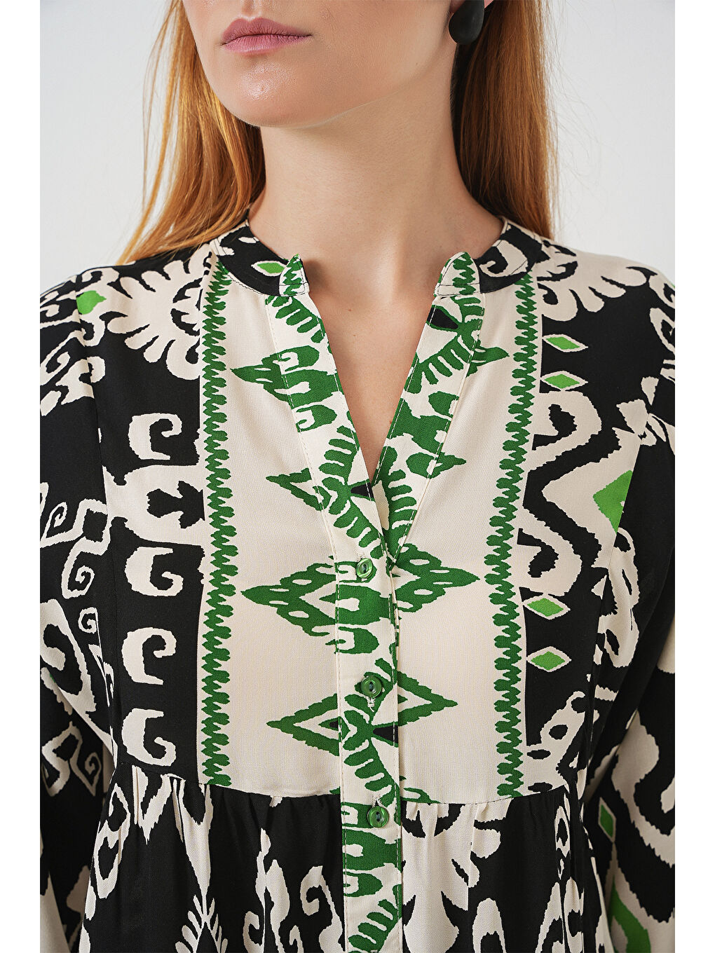 Kadın Desenli Uzun Tesettür Elbise 2585 - Siyah - Yeşil-4