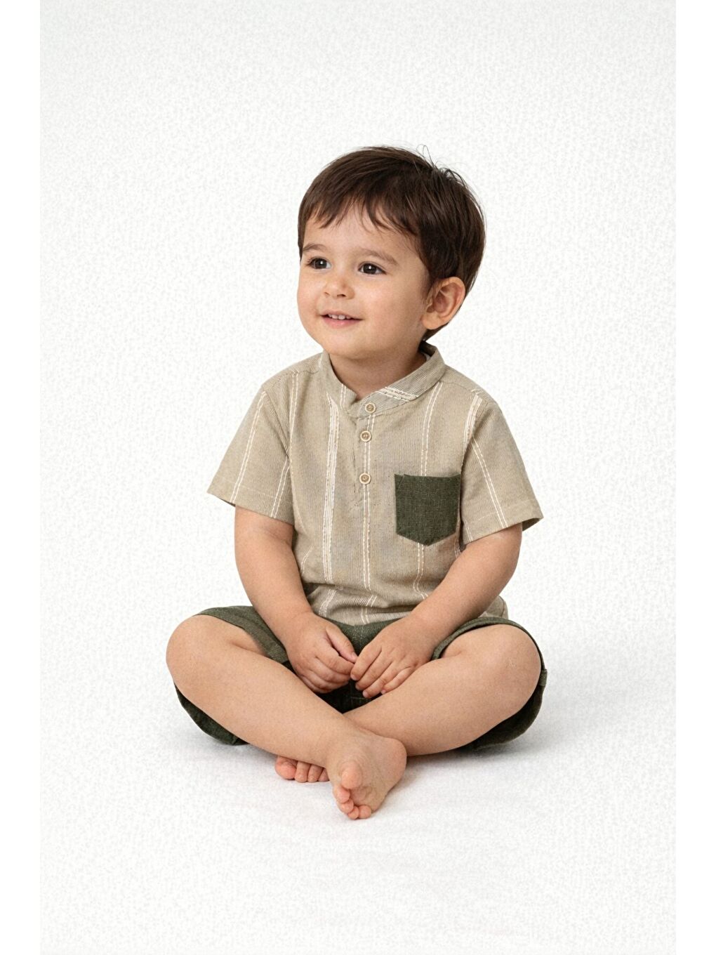 Haki Tarz Gömlek Çizgi Desenli Belden Ayarlanabilir Kısa Kollu Şortlu 2'li Takım Çocuk ve Bebek Giyi-3