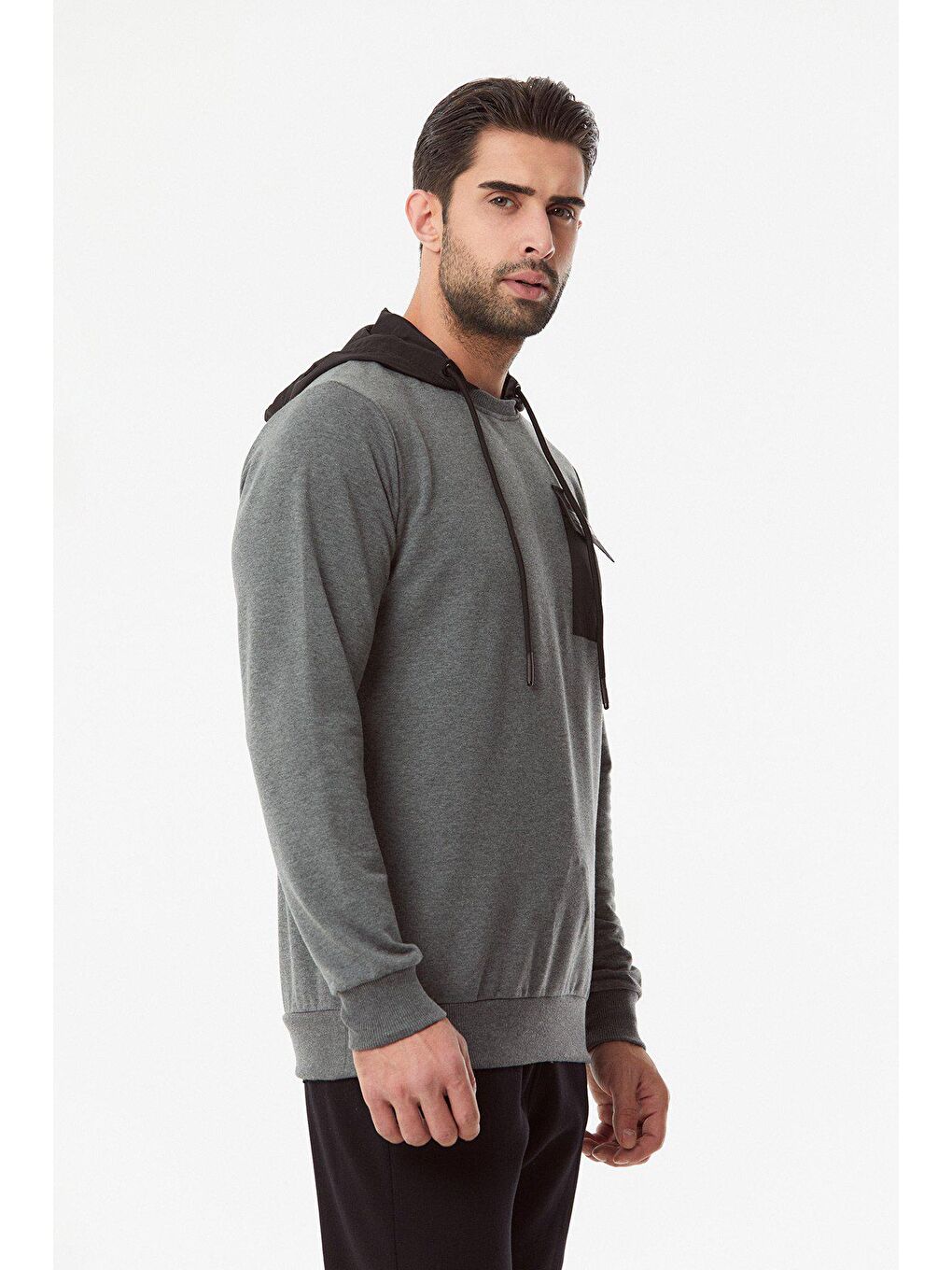 Antrasit Baskılı Cepli Erkek Hoodie-2