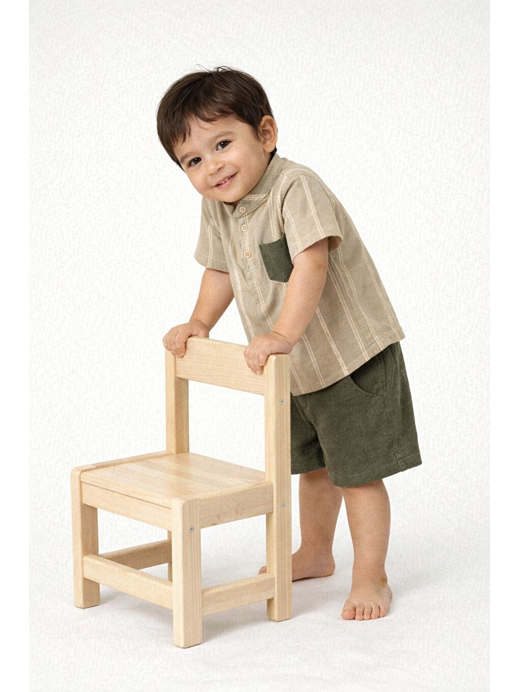 Haki Tarz Gömlek Çizgi Desenli Belden Ayarlanabilir Kısa Kollu Şortlu 2'li Takım Çocuk ve Bebek Giyi-4