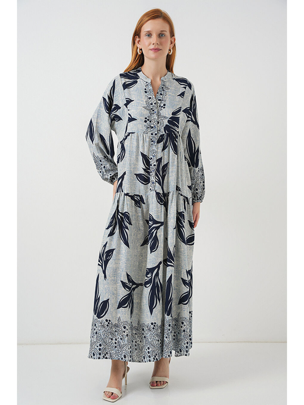 Kadın Desenli Uzun Tesettür Elbise 2585 - Mavi - Lacivert-2