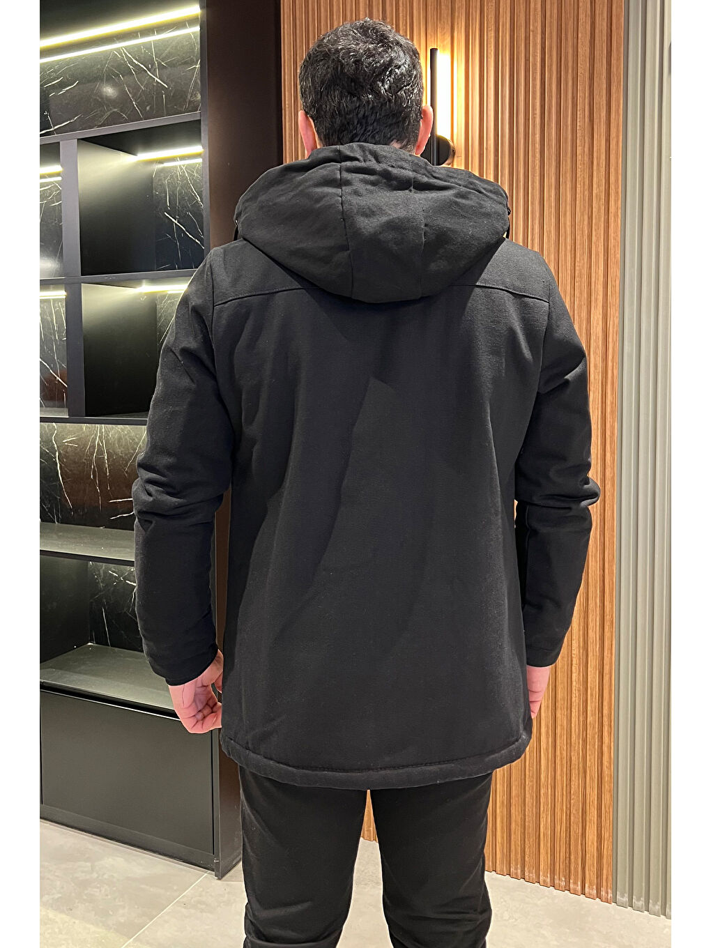Siyah Kapüşonlu İçi Pelüş Erkek Gabardin Mont-2