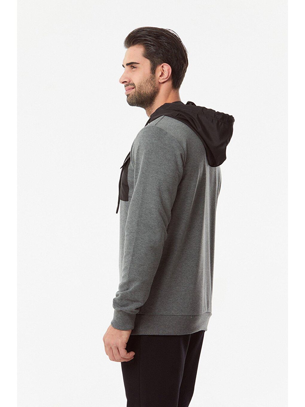 Antrasit Baskılı Cepli Erkek Hoodie-3