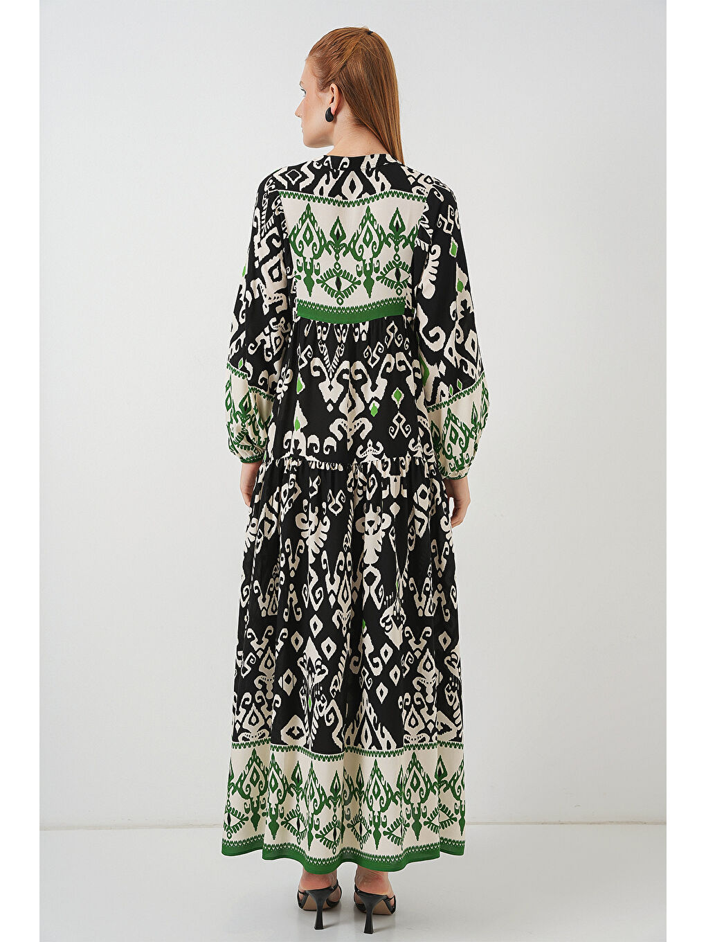 Kadın Desenli Uzun Tesettür Elbise 2585 - Siyah - Yeşil-5