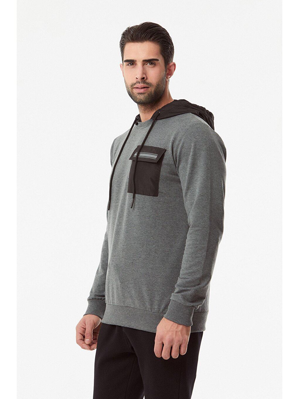 Antrasit Baskılı Cepli Erkek Hoodie-4
