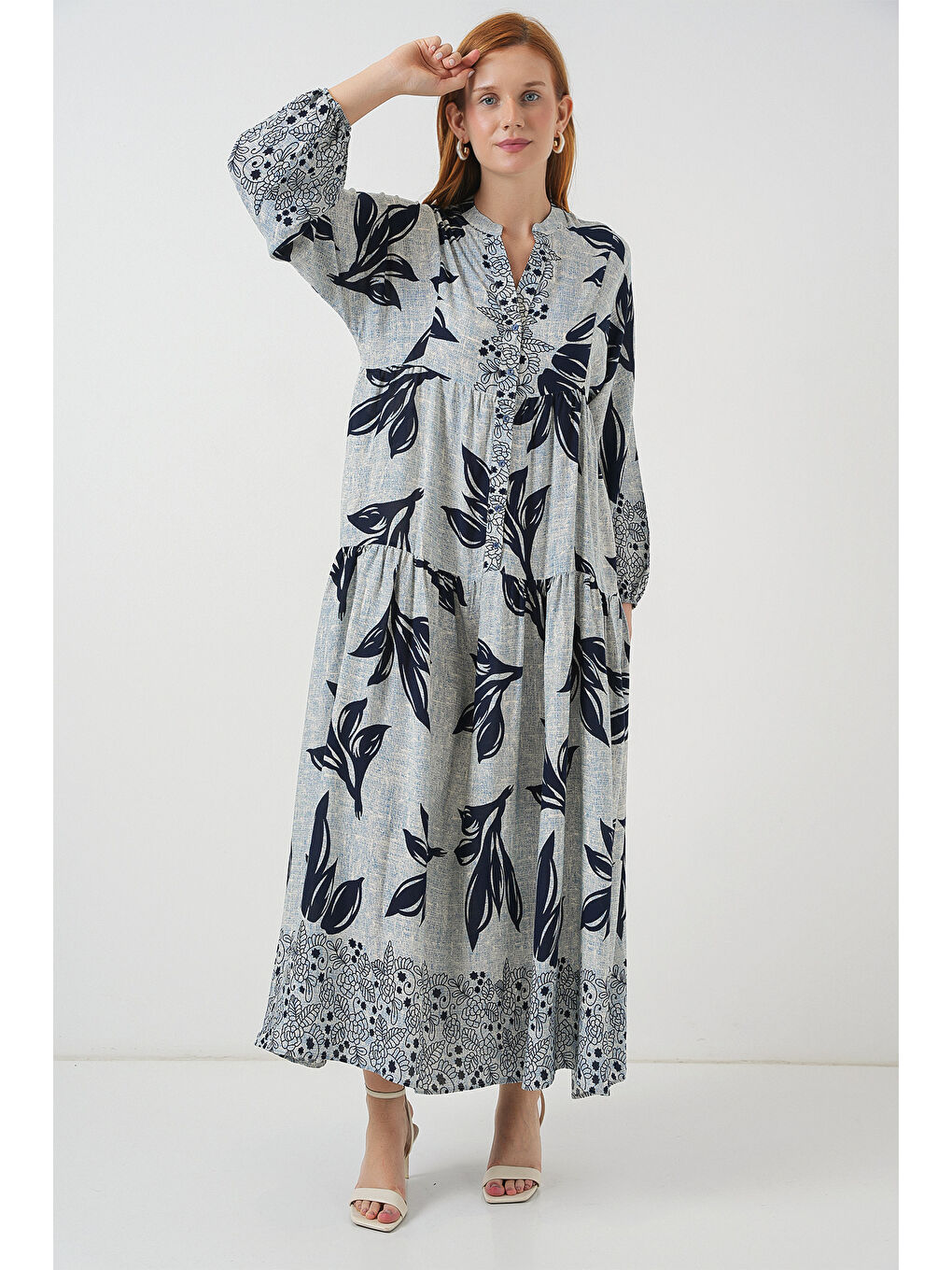 Kadın Desenli Uzun Tesettür Elbise 2585 - Mavi - Lacivert-3