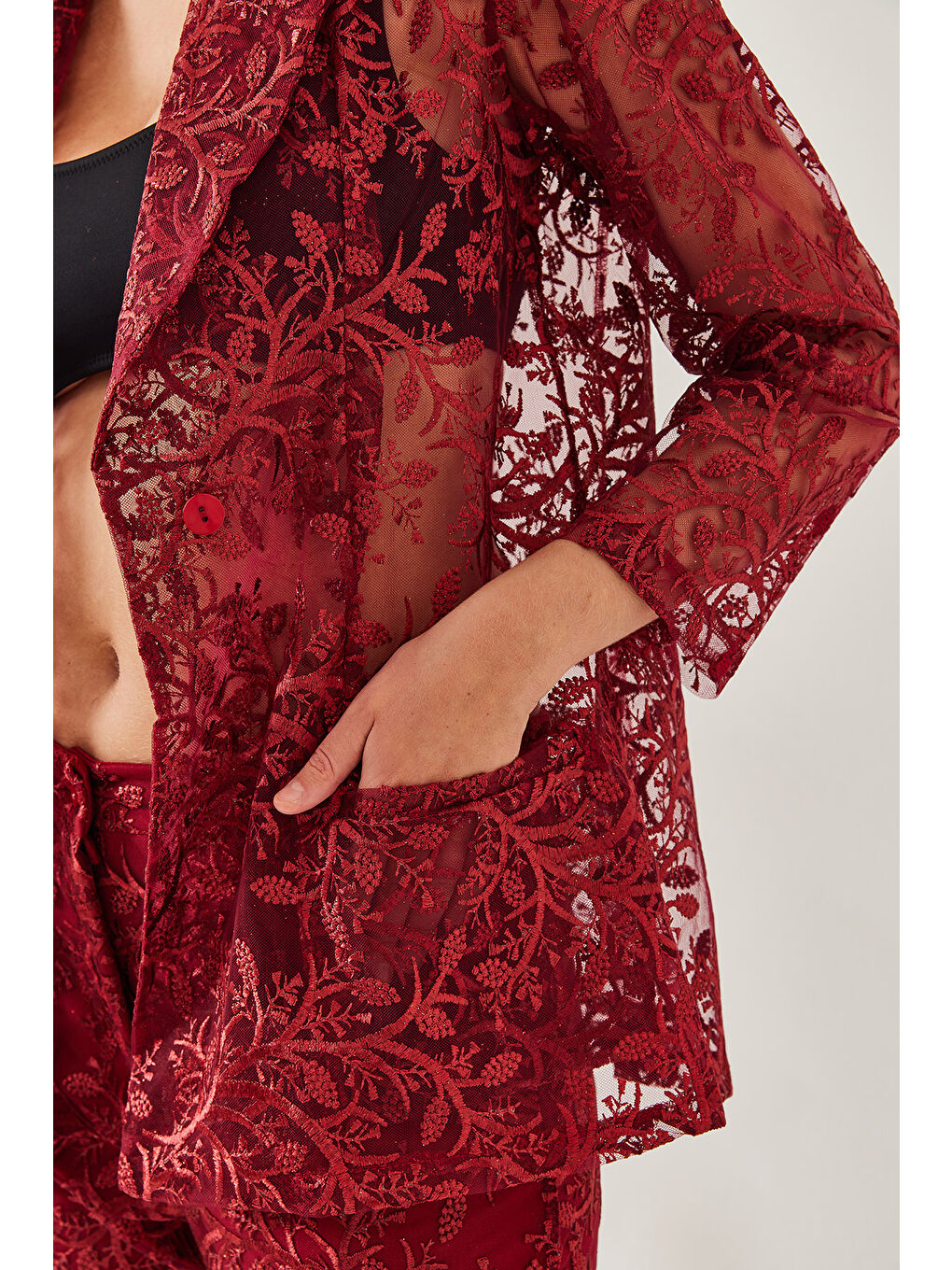 Bordo Kadın Payetli Yarı Şeffaf Dokulu Alt-Üst Takım MBMS-1