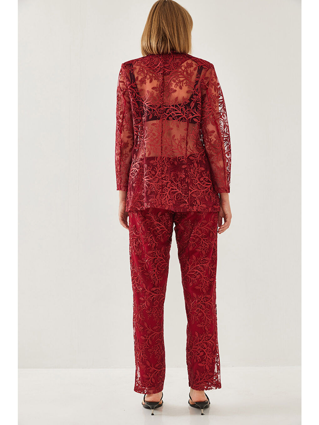 Bordo Kadın Payetli Yarı Şeffaf Dokulu Alt-Üst Takım MBMS-2