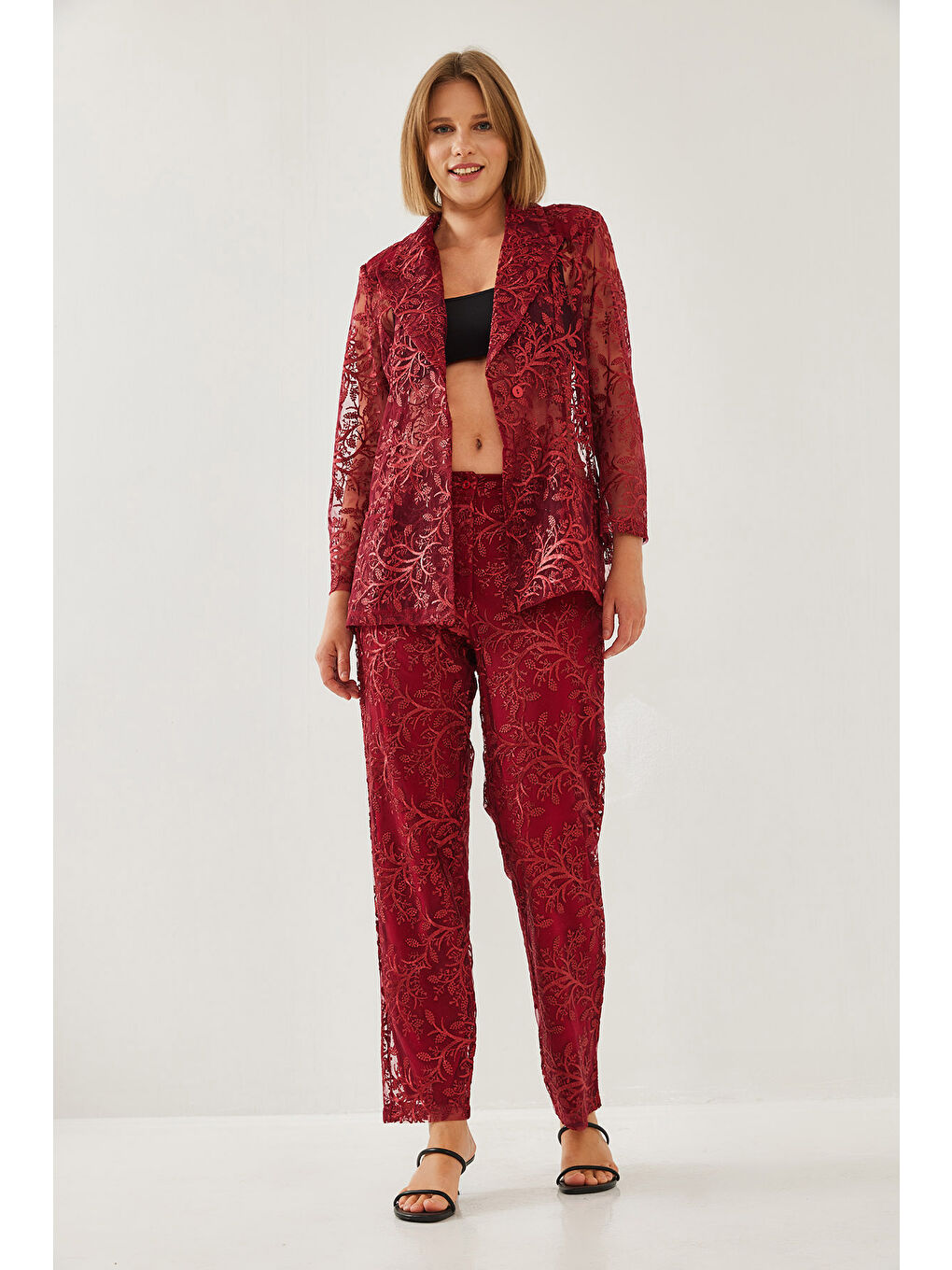 Bordo Kadın Payetli Yarı Şeffaf Dokulu Alt-Üst Takım MBMS-3