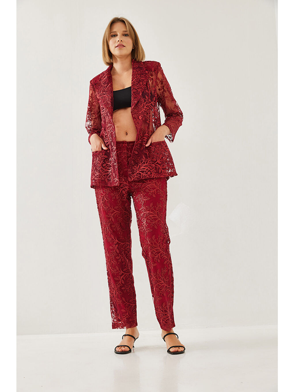 Bordo Kadın Payetli Yarı Şeffaf Dokulu Alt-Üst Takım MBMS-4