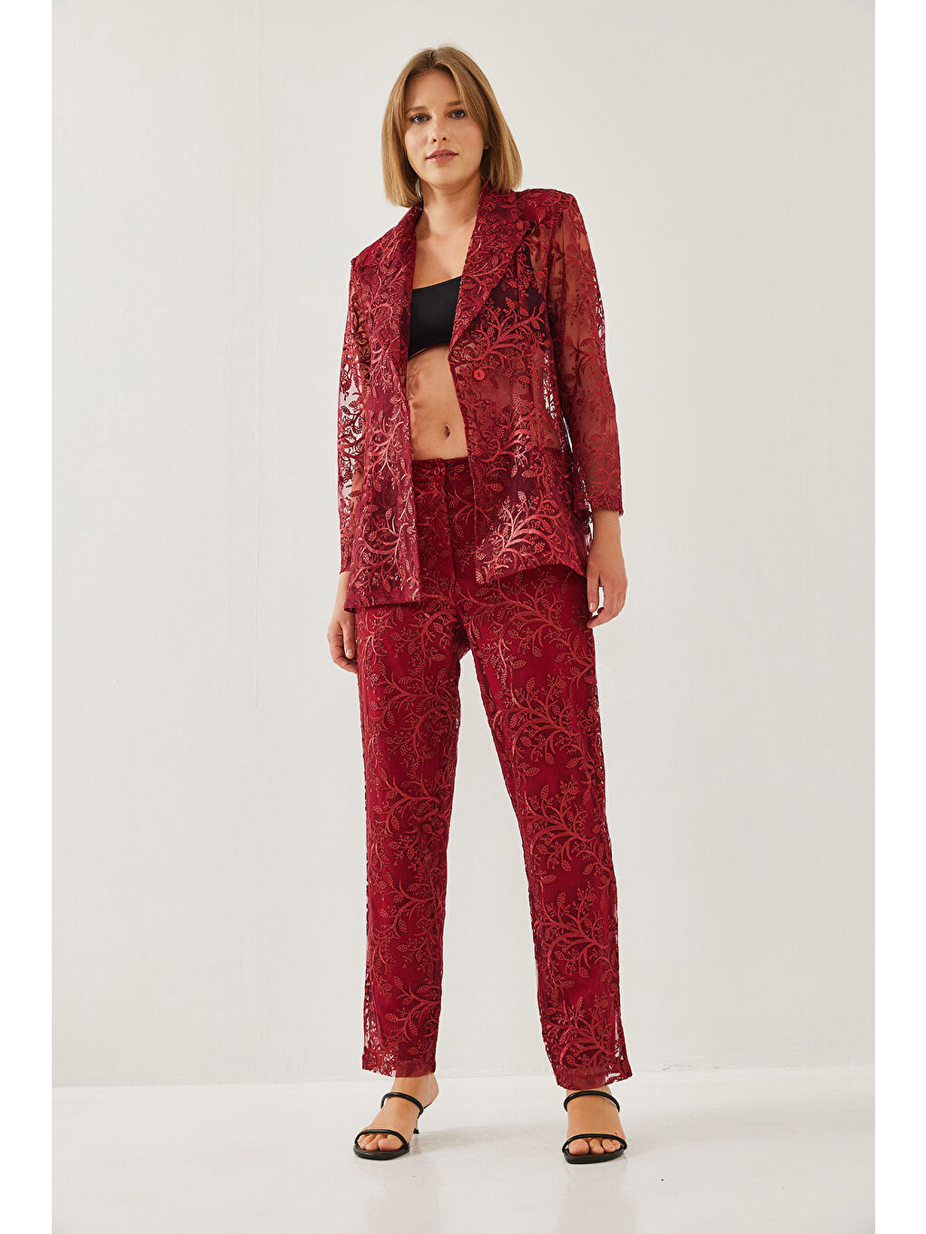 Bordo Kadın Payetli Yarı Şeffaf Dokulu Alt-Üst Takım MBMS-5