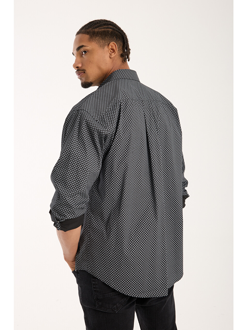Rio Poplin Stretch Pamuk Karışımlı Oversize Fit Siyah Klasik Yaka Erkek Baskılı Gömlek-4