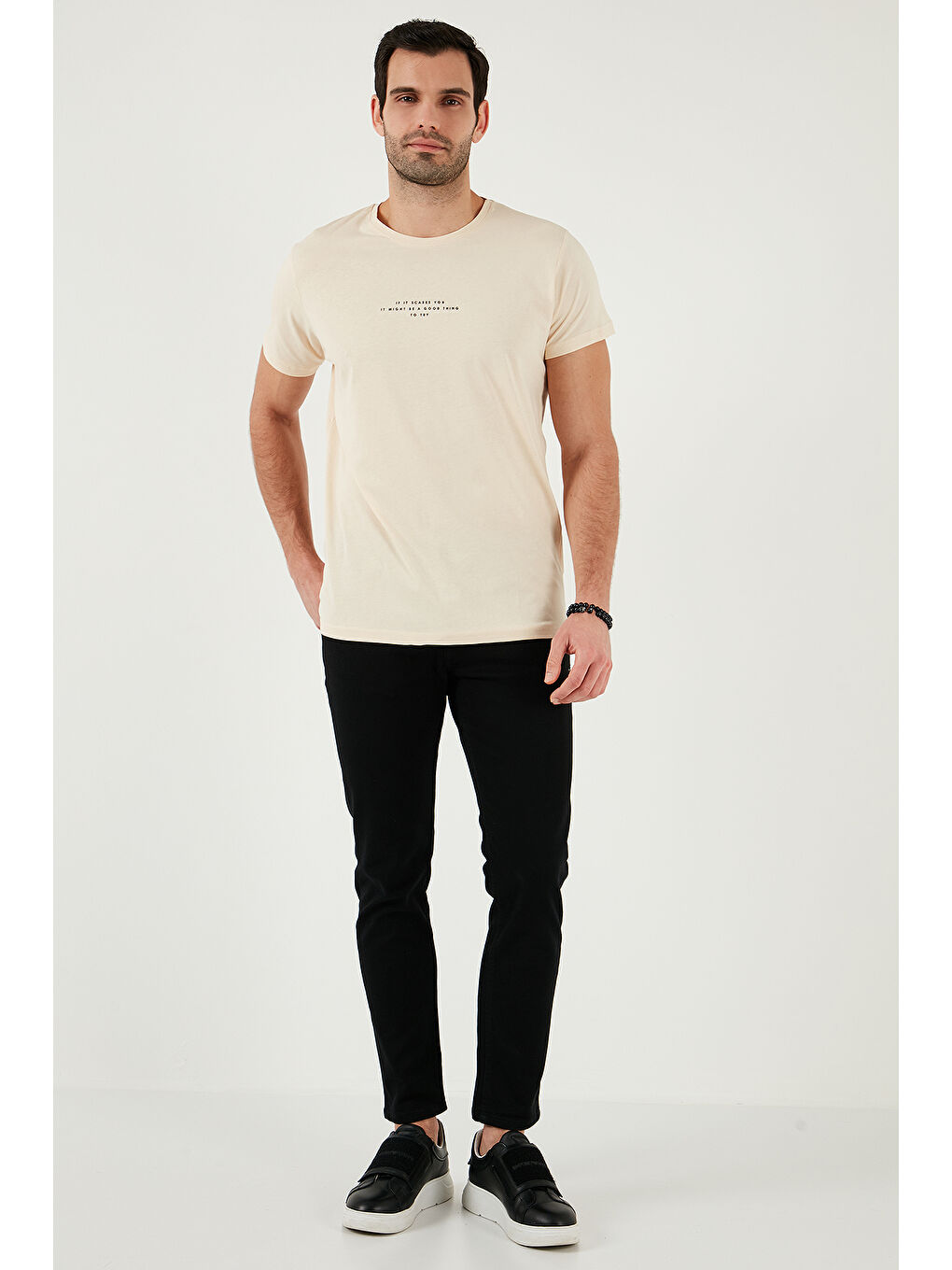 Bej Bisiklet Yaka %100 Pamuk Slim Fit Erkek T Shirt 541IFIT-1