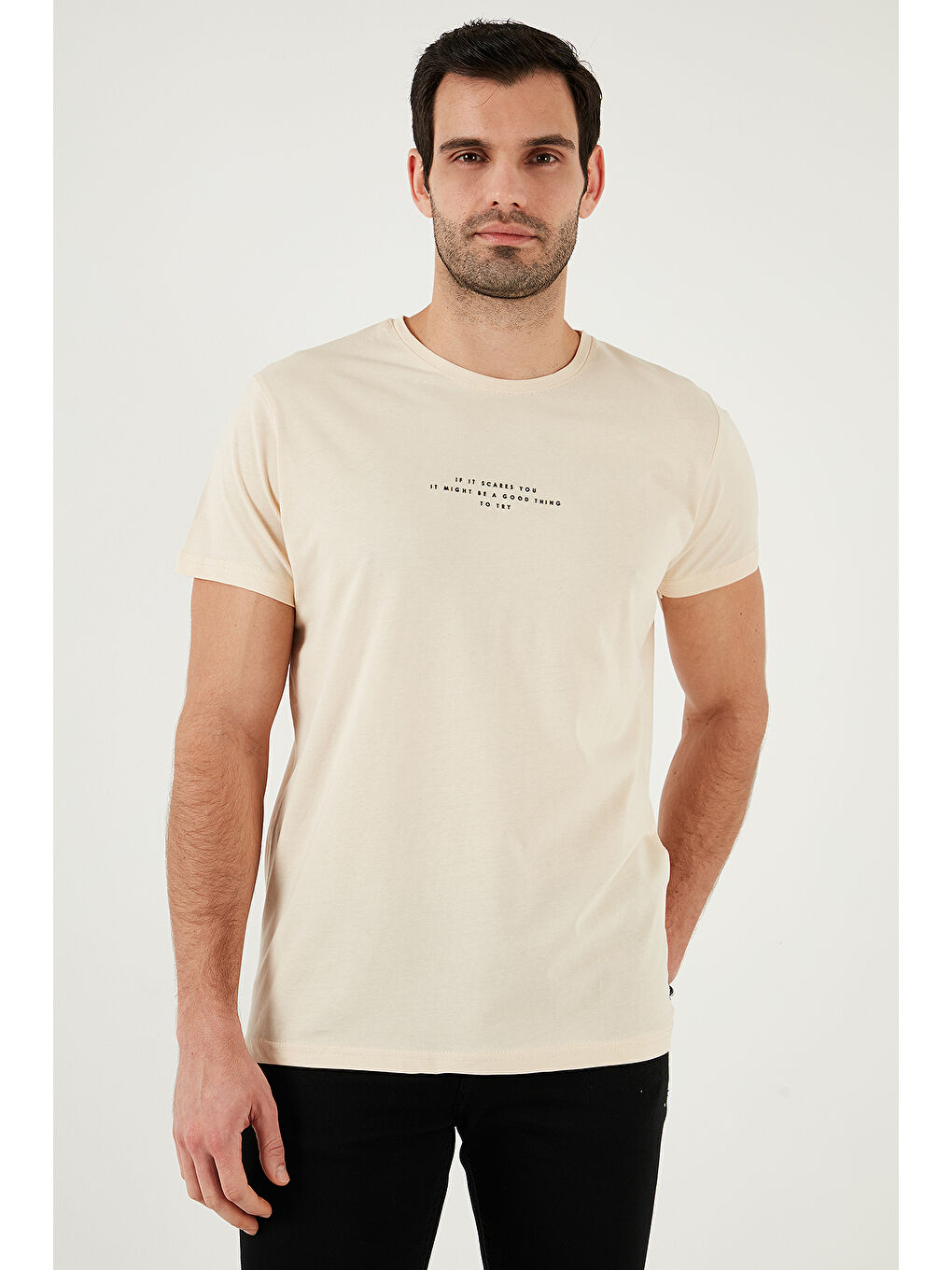 Bej Bisiklet Yaka %100 Pamuk Slim Fit Erkek T Shirt 541IFIT-2