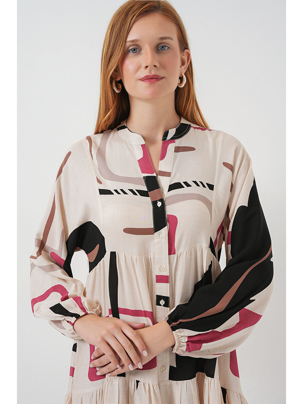 Ekru Kadın Desenli Uzun Tesettür Elbise 2585 - C.Krem-1