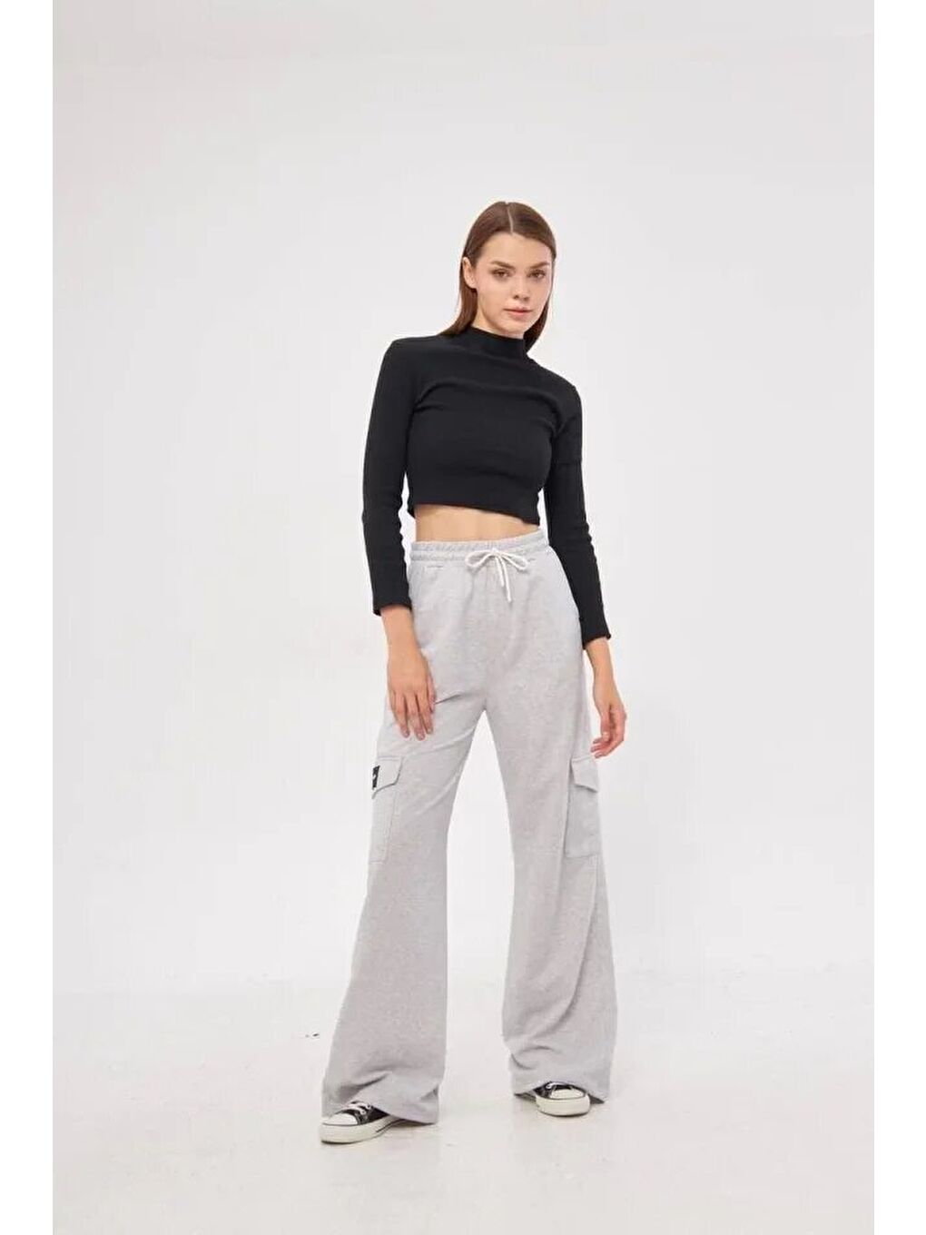 Yüksek Bel Kargo Cepli Palazzo Pantolon Oversize Bol Paça İki İplik Rahat Kesim - Gri-2