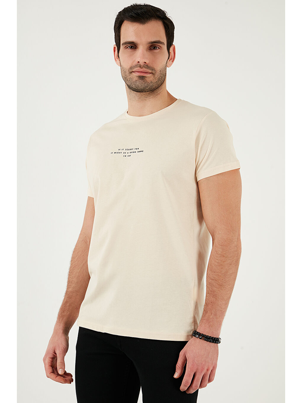 Bej Bisiklet Yaka %100 Pamuk Slim Fit Erkek T Shirt 541IFIT-5