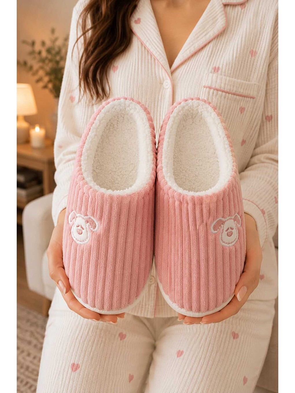 Pembe Unisex, Fitil Kadife, Sevimli Köpek Figürlü, Kürklü, Yumuşak, Pelüş Ev Terliği-1