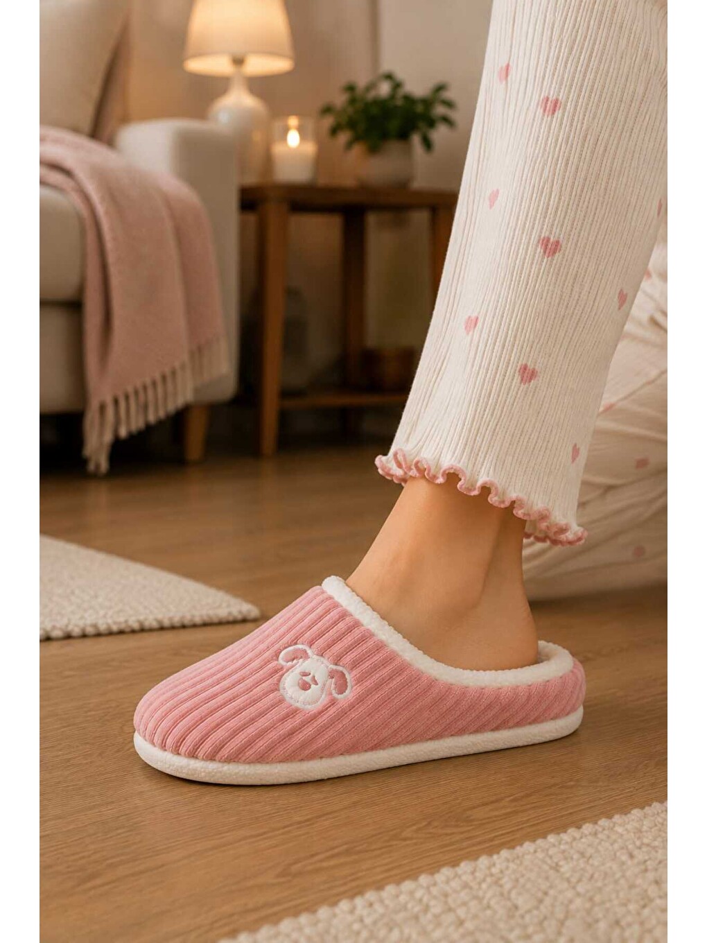 Pembe Unisex, Fitil Kadife, Sevimli Köpek Figürlü, Kürklü, Yumuşak, Pelüş Ev Terliği-2