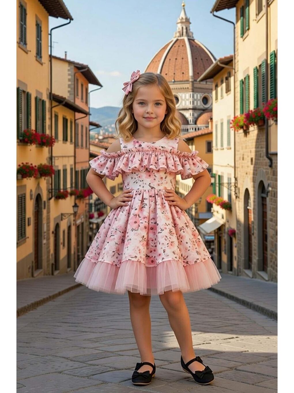 Pembe Kız Çocuk Düşük Omuzlu Bisiklet Yaka ve Fırfırlı Çiçek Desneli Somon Abiye-1