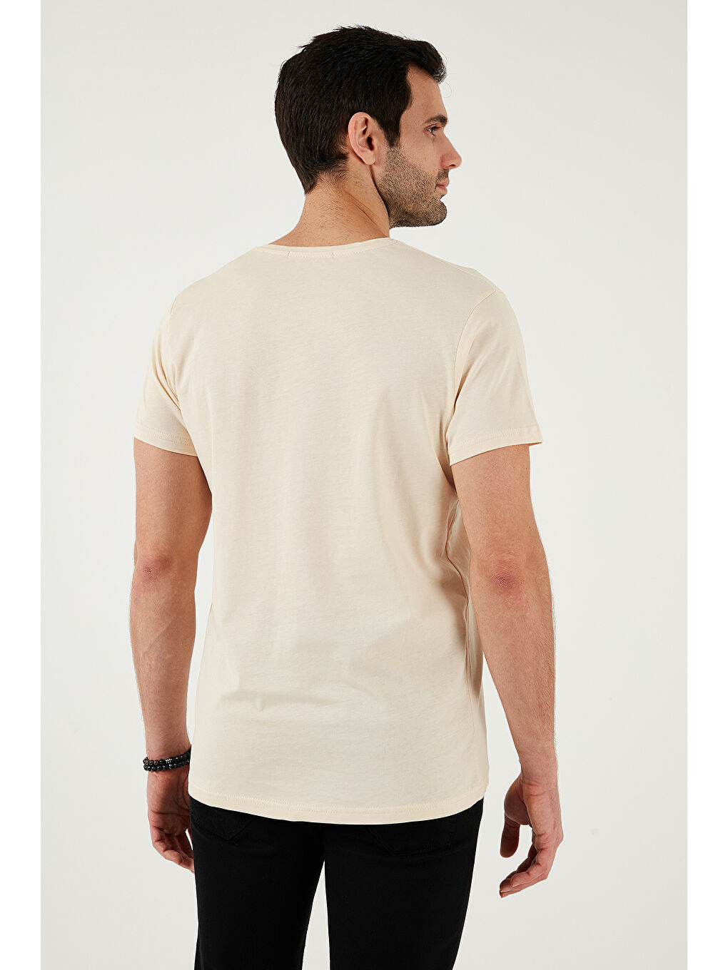 Bej Bisiklet Yaka %100 Pamuk Slim Fit Erkek T Shirt 541IFIT-6