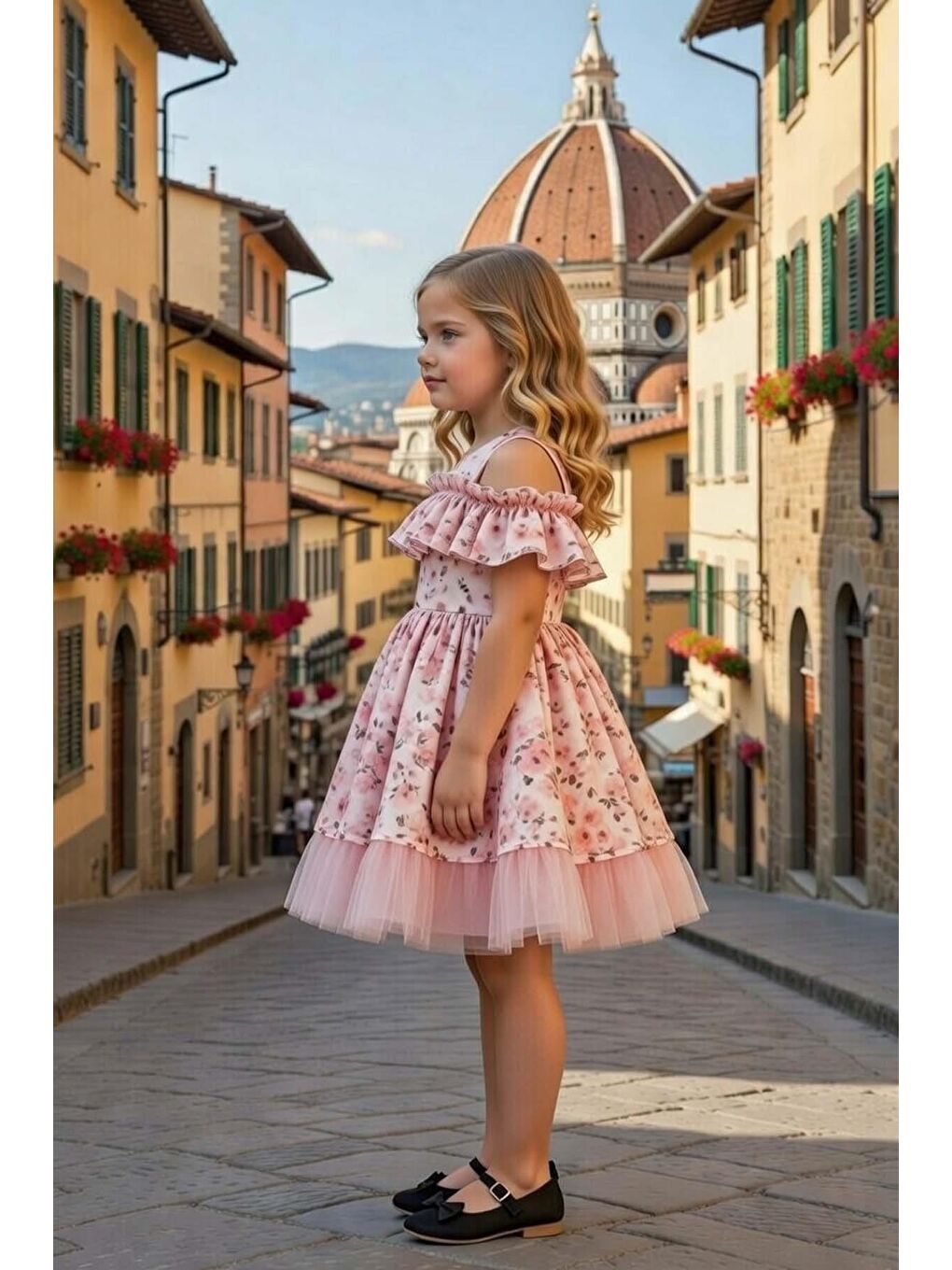 Pembe Kız Çocuk Düşük Omuzlu Bisiklet Yaka ve Fırfırlı Çiçek Desneli Somon Abiye-2