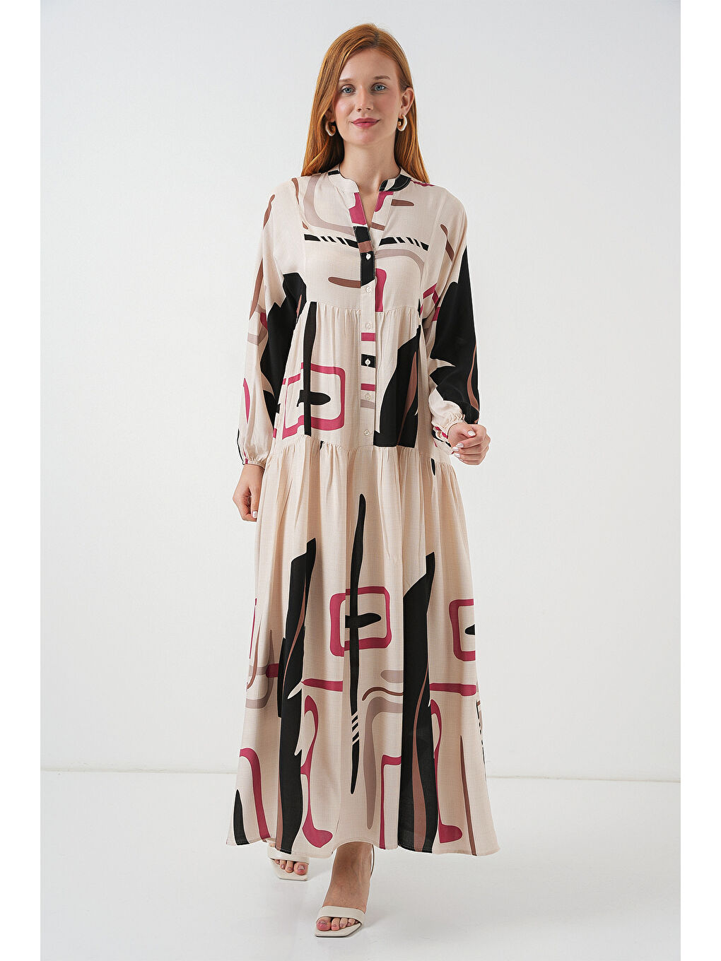 Ekru Kadın Desenli Uzun Tesettür Elbise 2585 - C.Krem-2