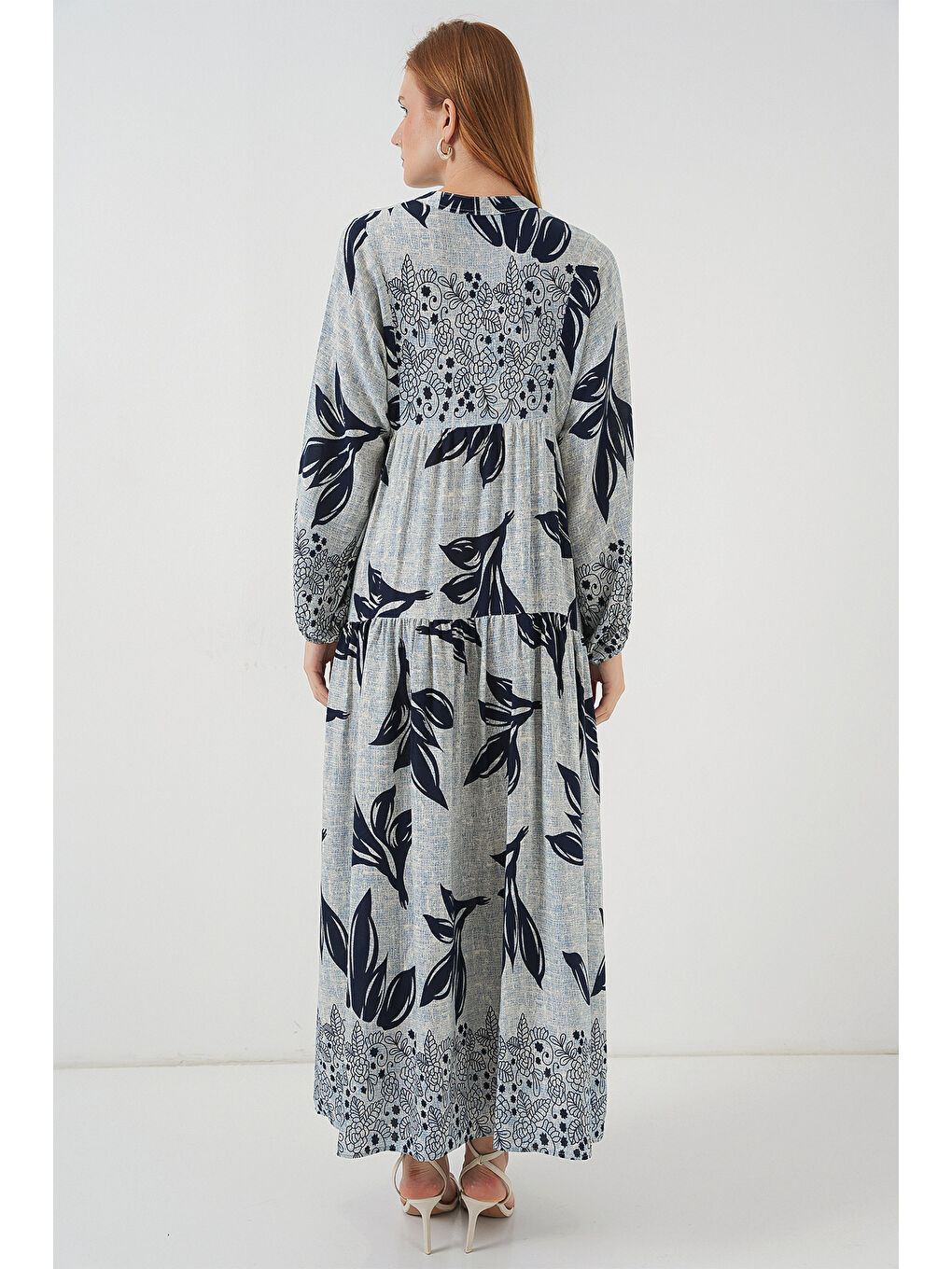 Kadın Desenli Uzun Tesettür Elbise 2585 - Mavi - Lacivert-5