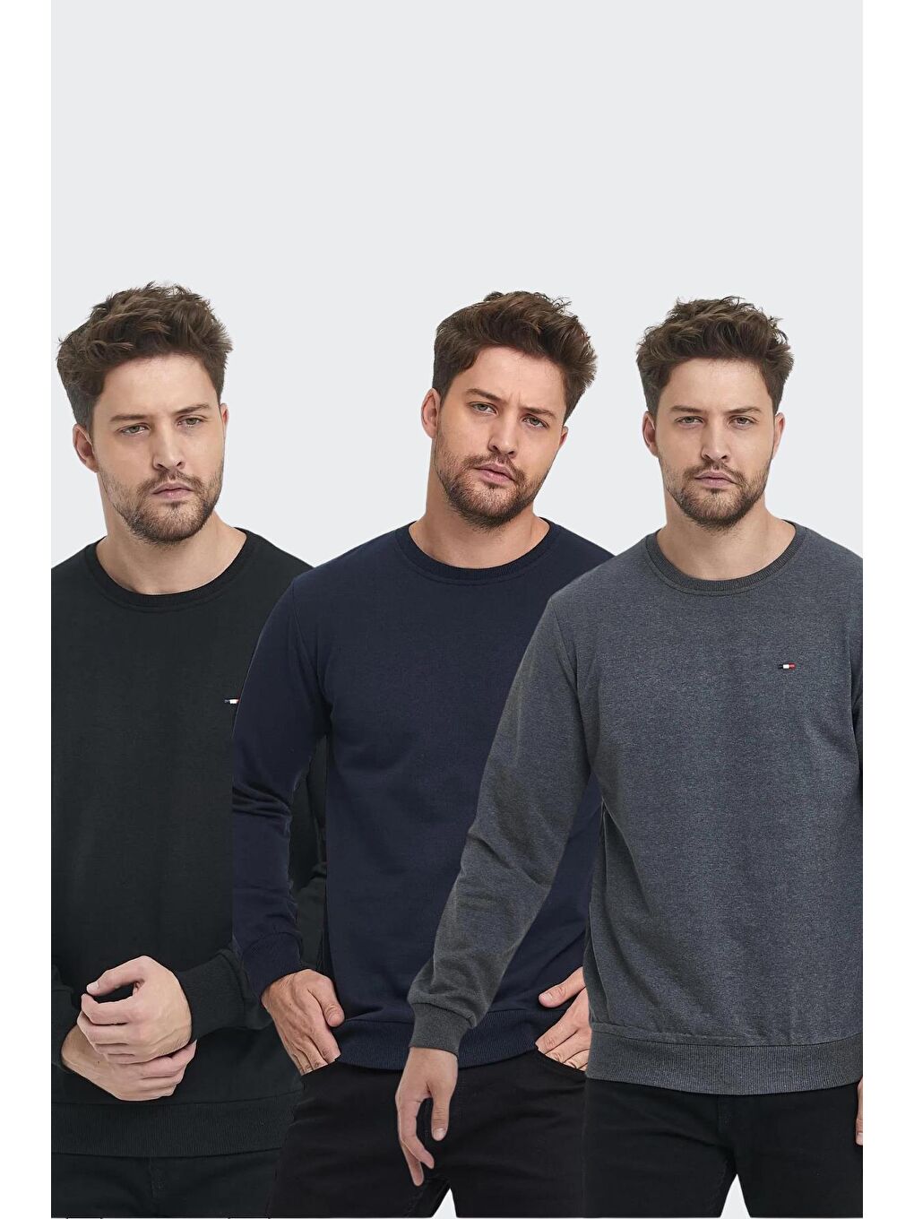 Erkek Siyah-Lacivert-Antrasit Bisiklet Yaka Nakış Detaylı Regular Fit 3'Lü Sweatshirt MMTLCE70-3