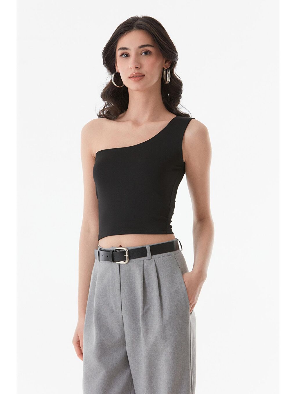 Siyah Basic Tek Kol Crop Bluz-4
