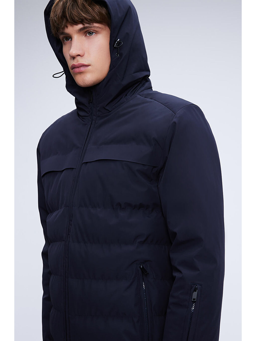 Lacivert Regular Fit Hakim Yaka Kapüşonlu Kaban-2