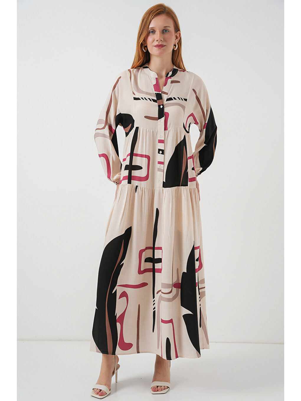 Ekru Kadın Desenli Uzun Tesettür Elbise 2585 - C.Krem-3