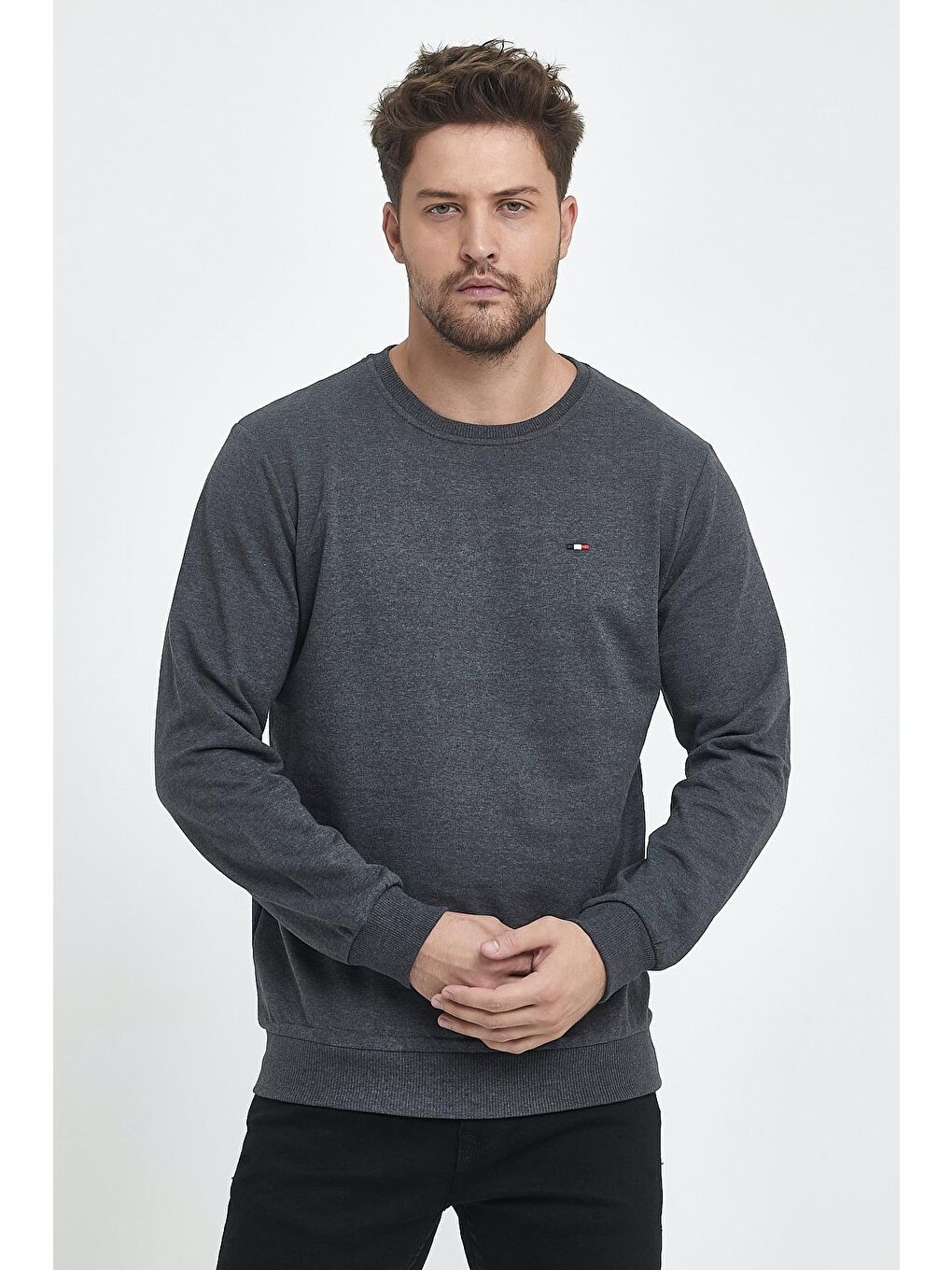Erkek Siyah-Lacivert-Antrasit Bisiklet Yaka Nakış Detaylı Regular Fit 3'Lü Sweatshirt MMTLCE70-3-3