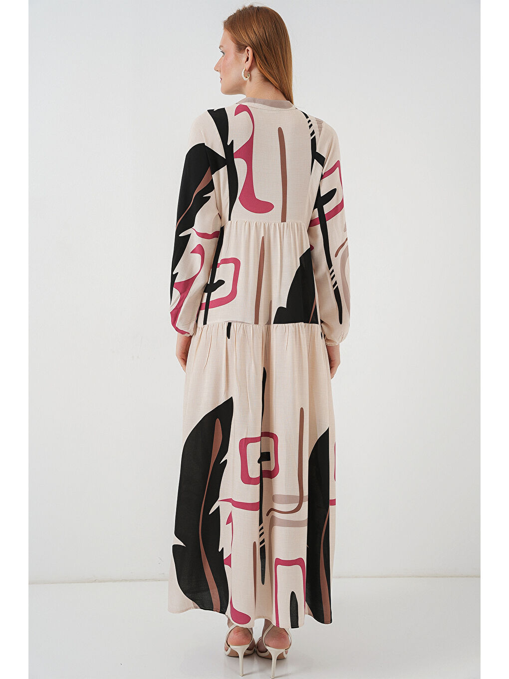 Ekru Kadın Desenli Uzun Tesettür Elbise 2585 - C.Krem-5