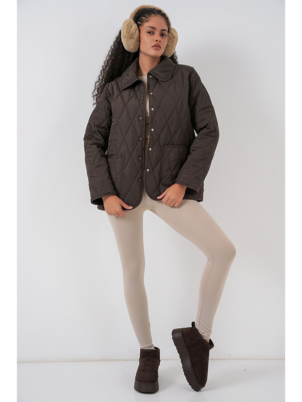 Kadın Kapitone Oversize Mont 5226 - Kahverengi-1