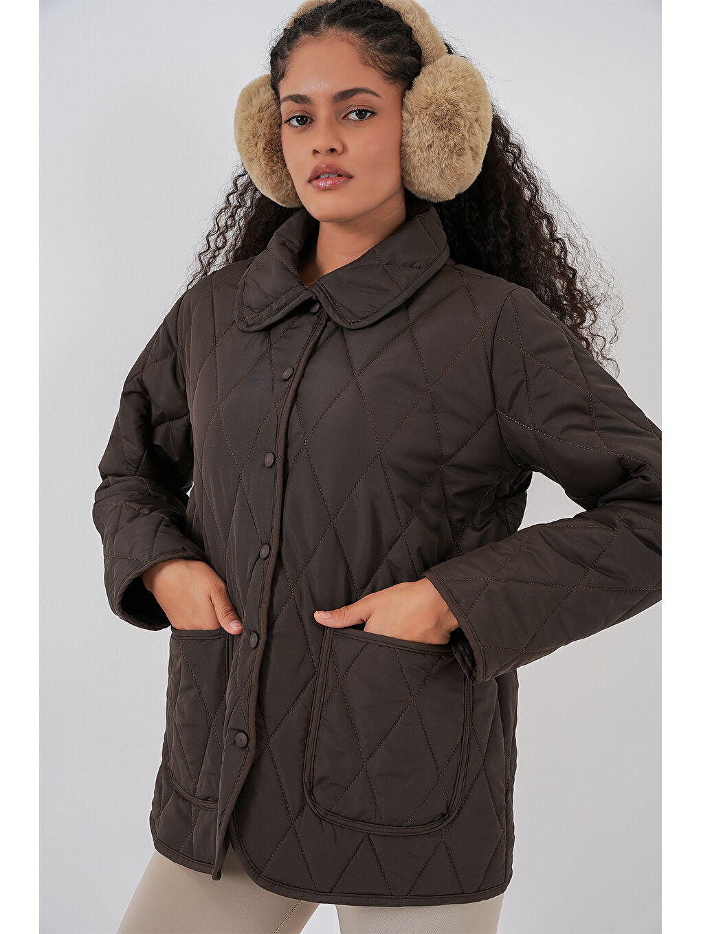 Kadın Kapitone Oversize Mont 5226 - Kahverengi-2