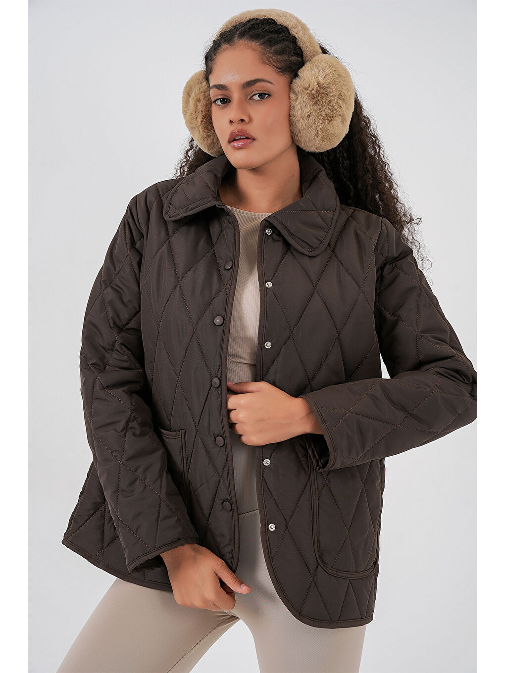 Kadın Kapitone Oversize Mont 5226 - Kahverengi-3